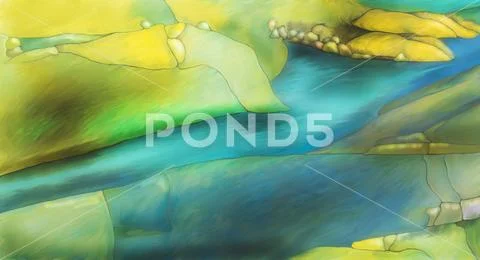 Abstract digital painted fantasy river landscape Stock Illustration