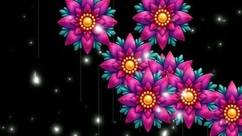 Abstract Digital Pink and Teal Flowers Blooming on Black with Glowing Particles Stock Footage 340549817