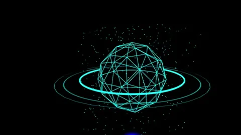 Abstract digital planet rotating with orbiting rings and glowing particles .. Vídeos de archivo 345669793