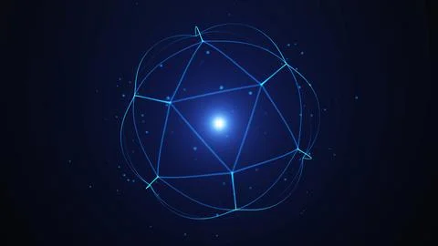 Abstract digital polygon sphere with glowing blue lines and central light o.. Illustrazione stock