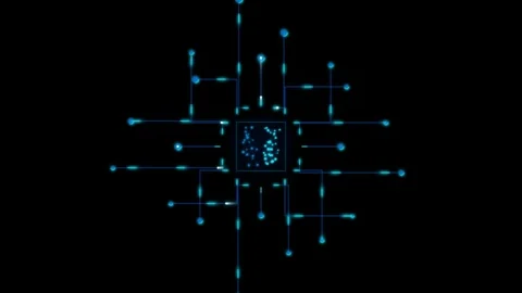 Abstract digital processor chip with glowing blue data connection lines video Stock Footage 344240342