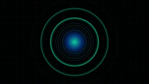Abstract digital pulse waves emanating from glowing blue core on black grid.. Stockbeeldmateriaal 345984118