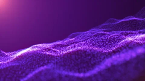 Abstract digital purple sparkling waves on dark background with soft sun rays Stock Footage 243657690