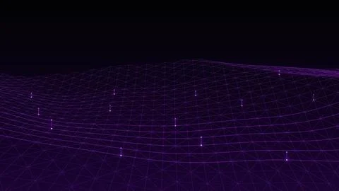 Abstract Digital Purple Wireframe Landscape Surface With Glowing Nodes On A.. Illustrazione stock