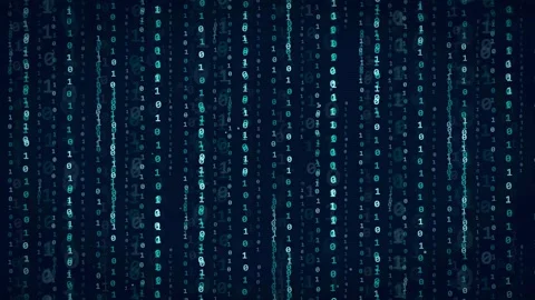 Abstract digital rain of binary code falling on a dark blue technological Stock Footage 336775424