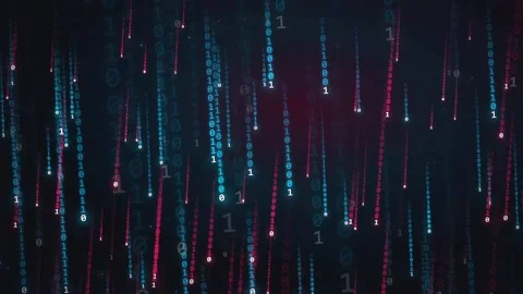 Abstract digital rain of binary code falling in blue and red colors on dark Stock Footage 336779322