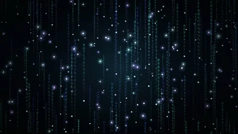 Abstract digital rain of binary code and glowing particles falling on dark blue Video stock 346215682