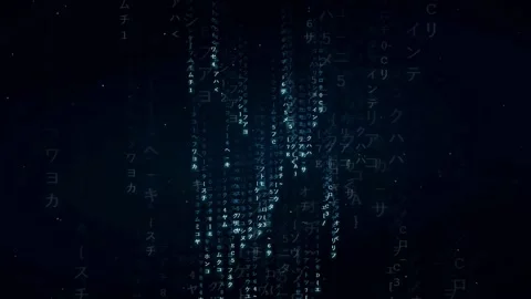 Abstract digital rain of blue glowing characters and code falling on dark Stock Footage 336776033