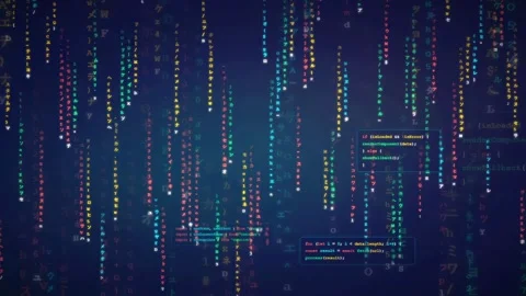 Abstract digital rain of colorful computer code and data symbols on dark blue Stock Footage 339954885