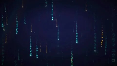 Abstract Digital Rain of Glowing Blue and Gold Japanese Characters Falling on Stock Footage 336777628