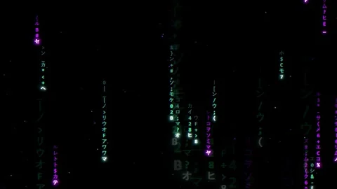 Abstract Digital Rain of Glowing Purple and Green Japanese Characters Falling Stock Footage 336772536