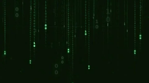 Abstract digital rain of green binary code falling on a dark black background Video stock 336774552