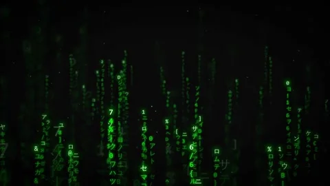 Abstract digital rain of green binary code and characters falling on black Stock Footage 336778785