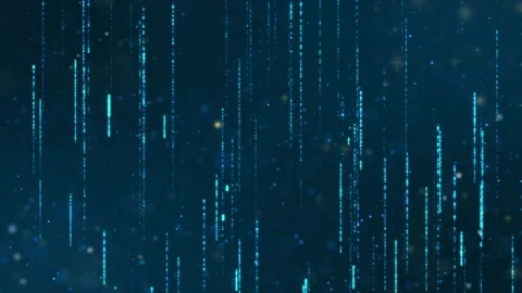 Abstract digital rain particles descending through dark blue background with 스톡 동영상 346039517
