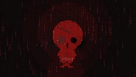 Abstract Digital Red Skull Silhouette with Falling Binary Code Data Stream on Video stock 343168261