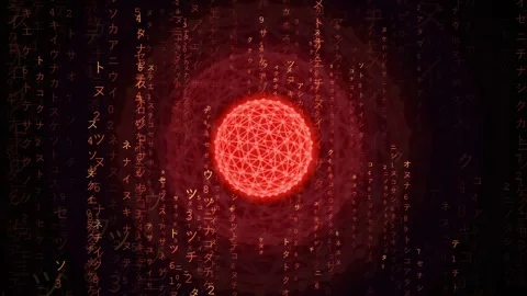 Abstract Digital Red Sphere Glowing Amidst Falling Matrix Code and Data Stream Stock Footage 341825843