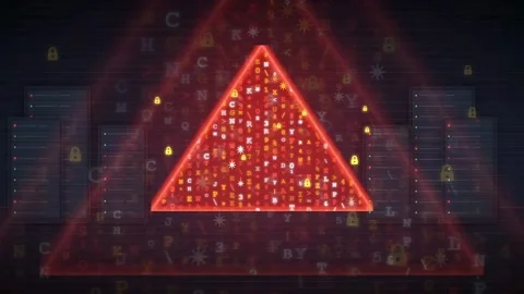 Abstract Digital Red Triangle Pyramid with Floating Data Particles and Cyber 库存影片 343151910