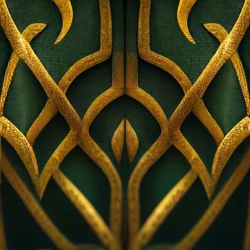 Abstract Digital Render Dark Green &amp; Gold Celtic Pattern Fabric Background Stock Illustration