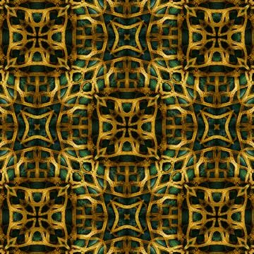 Abstract Digital Render Dark Green &amp; Gold Celtic Pattern Fabric Background Stock Illustration