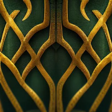 Abstract Digital Render Green &amp; Gold Celtic Pattern Fabric Abstract Background Stock Illustration