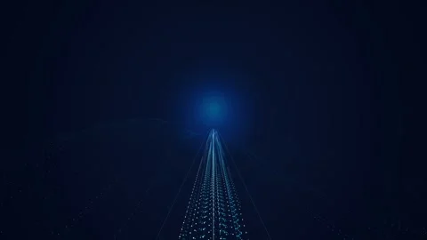 Abstract digital road with glowing blue particles moving forward cinematic .. Video stock 341770725