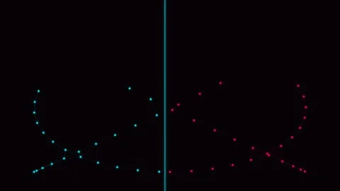 Abstract digital scatter plot formed by red dots on a dark black background Video stock 335117746