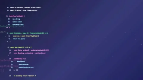 Abstract digital screen displaying scrolling computer code and programming Stock Footage 336777695