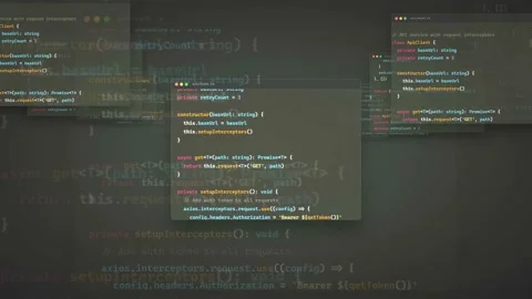 Abstract digital screen displaying scrolling lines of complex computer code for Stock Footage 339976249