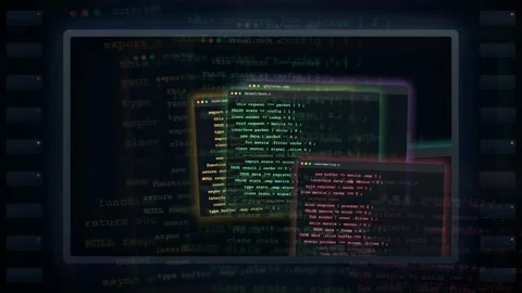 Abstract Digital Screen Displaying Scrolling Computer Code with Colorful Neon Stock Footage 341826276