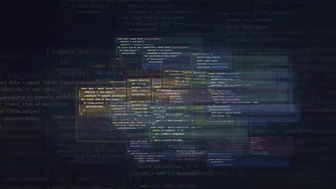 Abstract Digital Screen with Floating Programming Code Blocks and Scrolling Stock Footage 339956474