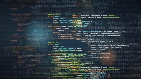 Abstract digital screen with scrolling computer code and programming data in a Stock Footage 339956108