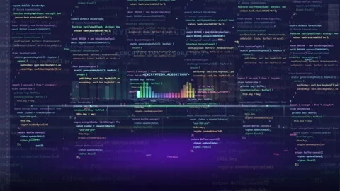 Abstract Digital Screen with Scrolling Computer Code and Data Visualization on Stock Footage 339957990