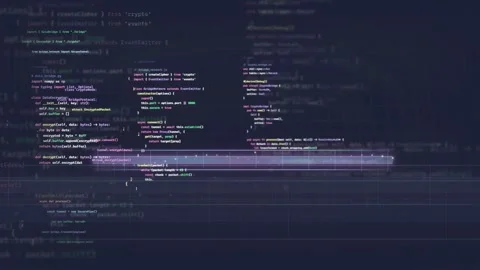 Abstract Digital Screen with Scrolling Computer Code and Glowing Data Lines on Stock Footage 339963068