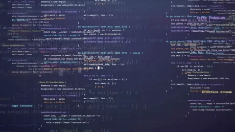Abstract digital screen with scrolling computer code and programming syntax for Stock Footage 339965100