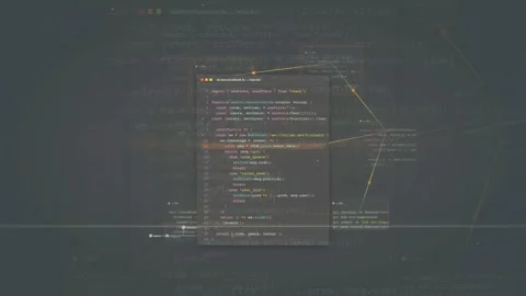 Abstract digital screen with scrolling computer code and floating data windows Stock Footage 339968428