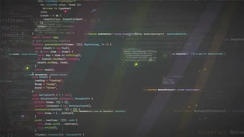 Abstract digital screen with scrolling computer code and glowing data particles Stock Footage 339969935