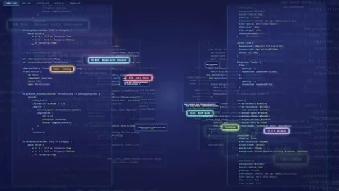 Abstract digital screen with scrolling computer code and data processing on Stock Footage 339970119