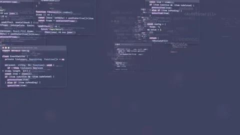 Abstract digital screen with scrolling computer code and programming scripts on Stock Footage 339970915