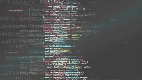 Abstract digital screen with scrolling computer code and programming syntax for Stock Footage 339971280