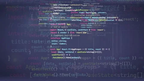 Abstract digital screen with scrolling computer code and programming syntax on Stock Footage 339972837