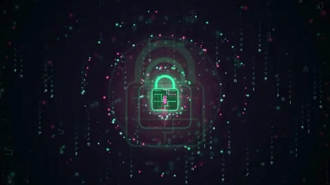 Abstract Digital Security Animation with Glowing Padlock Icon and Data Stream Stock Footage 343156992