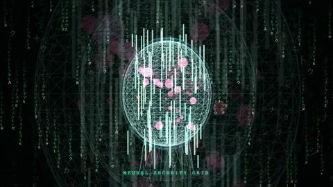 Abstract digital security grid with glowing sphere and falling binary code on Stock-Footage 343159481