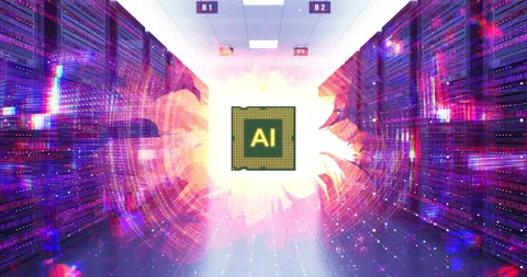 Abstract digital server background with glowing AI chip processor. Stock Footage 332427281