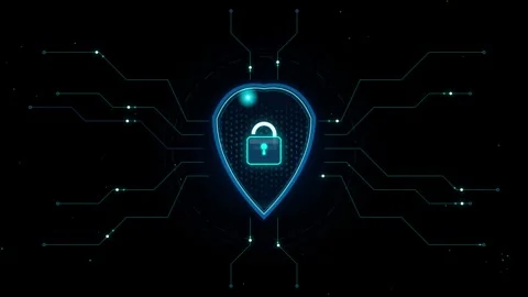 Abstract digital shield with padlock icon represents advanced cybersecurity.. Stock Footage 345669000
