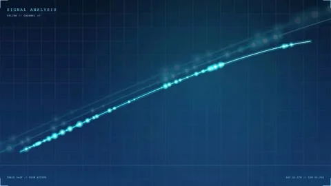 Abstract digital signal analysis with glowing blue data points moving across a 库存影片 343443091