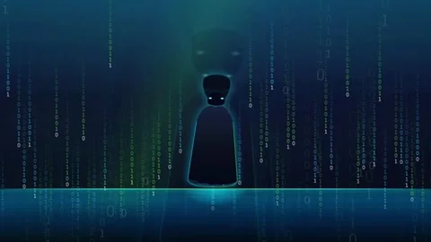 Abstract digital silhouette of a person standing in a raining binary code data Stock Footage 341826897