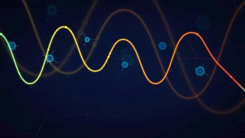 Abstract Digital Sine Wave Animation with Glowing Lines and Geometric Data Видео 340118858