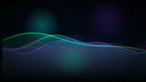 Abstract digital sound waves and glowing frequency lines moving on a dark Stock Footage 345765341