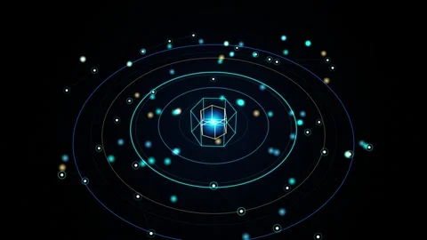 Abstract digital space core rotating with glowing particle orbits in deep b.. Video stock 345360410