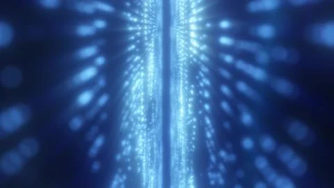 Abstract digital space with glowing blue particles and light rays creating .. Stock Illustration